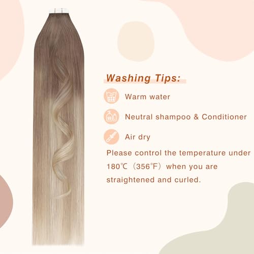 Full Head Ombre Tape-In Human Hair Extensions Balayage Light Chestnut Brown to Honey Blonde 20 Inch 50g - Image 4