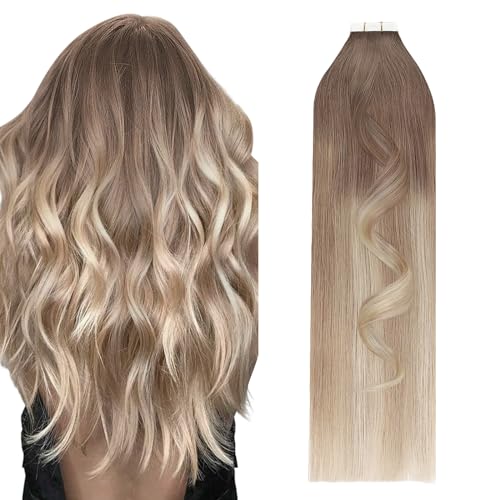 Full Head Ombre Tape-In Human Hair Extensions Balayage Light Chestnut Brown to Honey Blonde 20 Inch 50g