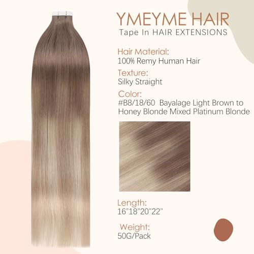 Full Head Ombre Tape-In Human Hair Extensions Balayage Light Chestnut Brown to Honey Blonde 20 Inch 50g - Image 2