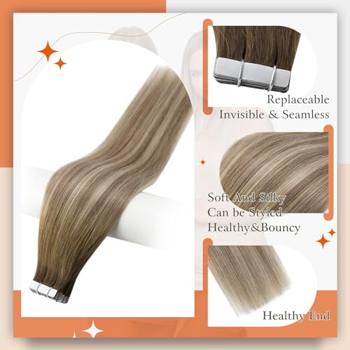 Full Shine 14 Inch Tape in Human Hair Extensions Dark Brown Blonde Ombre 20 Pcs 50g - Image 2