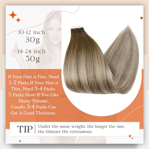 Full Shine 14 Inch Tape in Human Hair Extensions Dark Brown Blonde Ombre 20 Pcs 50g - Image 3