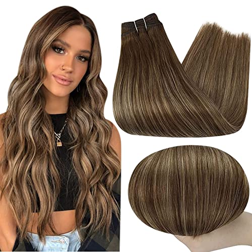 Full Shine 16 Inch Ombre Sew-In Hair Extensions, Real Human Hair, Color 4 Medium Brown and Blonde, 105G Remy Straight Weft