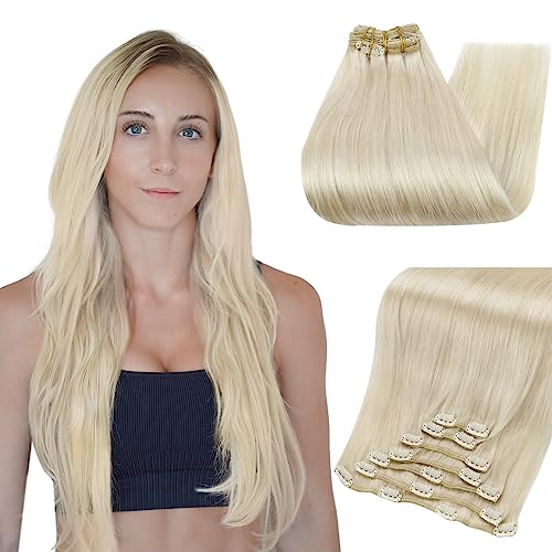 Full Shine Blonde Human Hair Clip in Extensions Invisible Hair Extensions Clip in Human Hair Platinum Blonde Hair Extensions Clip ins Straight Remy Hair 22 Inch 150g