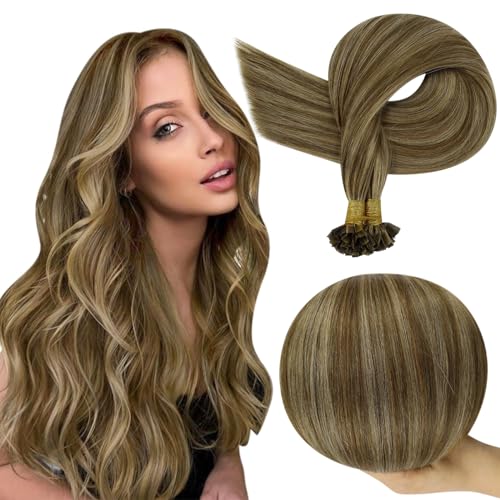 Full Shine Brown And Blonde Ktip Hair Extensions Human Hair Color 4P27 Highlighted Hair Extensions Human Hair 18 Inch Ktip Prebonded Human Hair Extensions 50 Gram Natural Remy Hair for Women