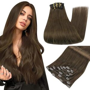 Full Shine Brown Clip in Hair Extensions Human Hair Invisible Real Hair Clip in Extensions Remy Hair Full Head Thick Medium Brown Hair Extensions 16 Inch Remy Hair