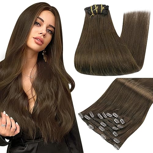 Full Shine Clip in Hair Extensions Human Hair Brown Hair Extensions Clip ins Straight Seamless Remy Human Hair Extensions Medium Brown Thick Hair 20 Inch