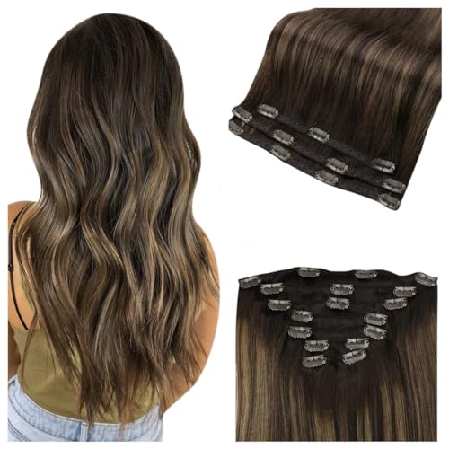 Full Shine Clip in Hair Extensions Human Hair Color 2/8/2 Ombre Brown 20 Inch Bundle Clip ins One Pack 3Pcs And One Pack 7Pcs Clip in Extensions