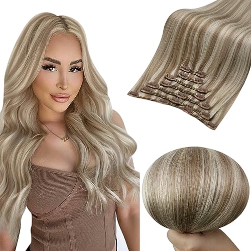 Full Shine Clip in Human Hair Extensions Light Brown Highlighted Platinum Blonde Clip in Extensions Real Human Hair 20 inch Long Straight Real Hair Extensions Full Head Set 7pcs 120g