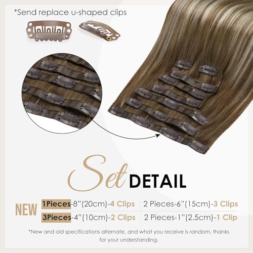 Full Shine Straight Clip in Extensions Real Human Hair 14+16 Inch Chestnut Brown Ombre Brown Mix Platinum Blonde Hair Extensions Seamless Clip in Human Hair With Pu Weft 120 Grams 8Pcs - Image 3