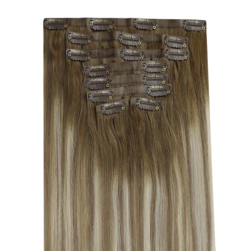 Full Shine Straight Clip in Extensions Real Human Hair 14+16 Inch Chestnut Brown Ombre Brown Mix Platinum Blonde Hair Extensions Seamless Clip in Human Hair With Pu Weft 120 Grams 8Pcs - Image 8