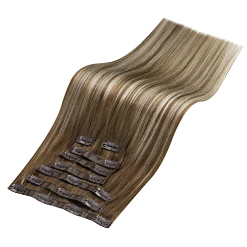 Full Shine Straight Clip in Extensions Real Human Hair 14+16 Inch Chestnut Brown Ombre Brown Mix Platinum Blonde Hair Extensions Seamless Clip in Human Hair With Pu Weft 120 Grams 8Pcs - Image 9