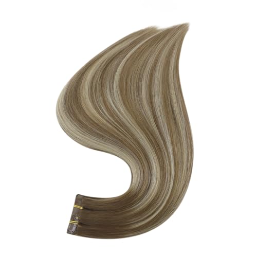 Full Shine Straight Clip in Extensions Real Human Hair 14+16 Inch Chestnut Brown Ombre Brown Mix Platinum Blonde Hair Extensions Seamless Clip in Human Hair With Pu Weft 120 Grams 8Pcs - Image 6