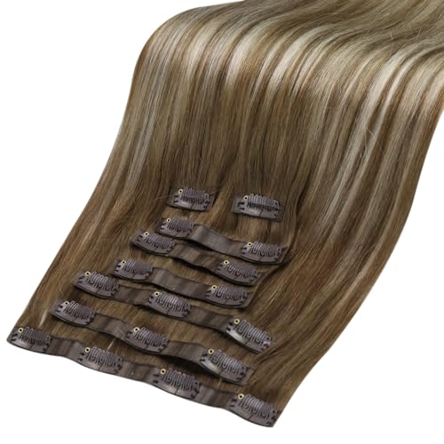 Full Shine Straight Clip in Extensions Real Human Hair 14+16 Inch Chestnut Brown Ombre Brown Mix Platinum Blonde Hair Extensions Seamless Clip in Human Hair With Pu Weft 120 Grams 8Pcs - Image 7