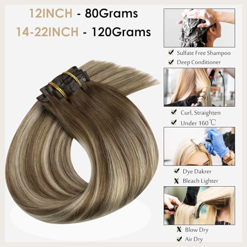 Full Shine Straight Clip in Extensions Real Human Hair 14+16 Inch Chestnut Brown Ombre Brown Mix Platinum Blonde Hair Extensions Seamless Clip in Human Hair With Pu Weft 120 Grams 8Pcs - Image 4