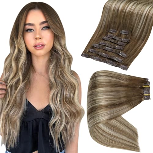 Full Shine Straight Clip in Extensions Real Human Hair 14+16 Inch Chestnut Brown Ombre Brown Mix Platinum Blonde Hair Extensions Seamless Clip in Human Hair With Pu Weft 120 Grams 8Pcs