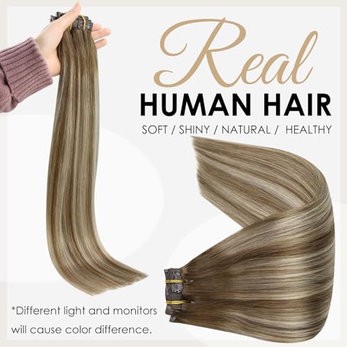 Full Shine Straight Clip in Extensions Real Human Hair 14+16 Inch Chestnut Brown Ombre Brown Mix Platinum Blonde Hair Extensions Seamless Clip in Human Hair With Pu Weft 120 Grams 8Pcs - Image 2