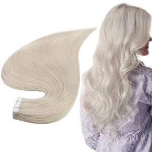 Full Shine Tape in Hair Extensions Human Hair #1000 White Blonde Hair Extensions Seamless Tape Hair Extensions 18Inch Real Hair 20Pcs Straight Human Hair Extensions Tape ins 50Grams