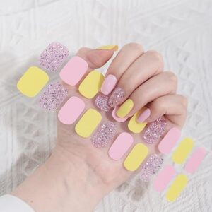 Fully Cured Gel Nail Strips Pink Yellow Long Lasting Nail Polish Wraps Salon-Quality UV Free Glitter Gel Nail Stickers for Women Manicure