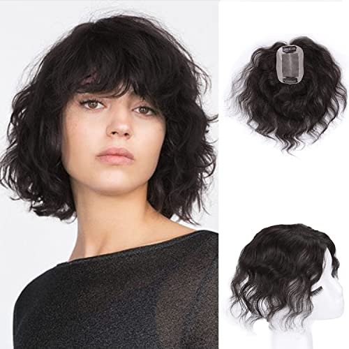 Fully Hand Woven Mono Base Wavy Human Hair Topper 12" Natural Curly Hairpiece 7x10cm Free Part Small Area Top Hair Piece Clip in Topper Hair Extensions for Women Cover Thinning Hair Natural Color