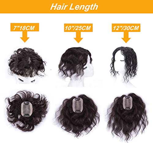Fully Hand Woven Mono Base Wavy Human Hair Topper 12" Natural Curly Hairpiece 7x10cm Free Part Small Area Top Hair Piece Clip in Topper Hair Extensions for Women Cover Thinning Hair Natural Color - Image 4