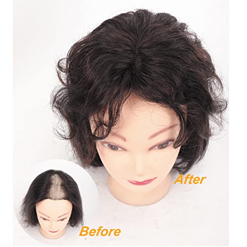Fully Hand Woven Mono Base Wavy Human Hair Topper 12" Natural Curly Hairpiece 7x10cm Free Part Small Area Top Hair Piece Clip in Topper Hair Extensions for Women Cover Thinning Hair Natural Color - Image 6