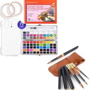 Fuumuui 3Pcs Plein Air Elegant Kolinsky Sable Watercolor Brushes with Watercolor Paint Set 72 Bright Colors, 100% Cotton 6" x 8" Cold Pressed Watercolor Paper Watercolor Palette Masking Tapes
