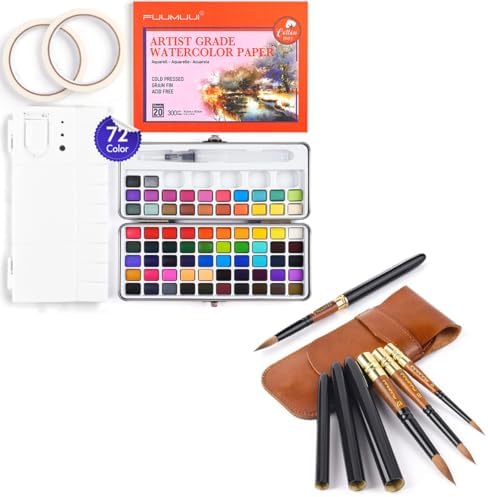 Fuumuui 3Pcs Plein Air Elegant Kolinsky Sable Watercolor Brushes with Watercolor Paint Set 72 Bright Colors, 100% Cotton 6" x 8" Cold Pressed Watercolor Paper Watercolor Palette Masking Tapes