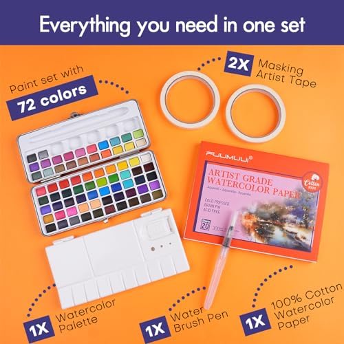Fuumuui 3Pcs Plein Air Elegant Kolinsky Sable Watercolor Brushes with Watercolor Paint Set 72 Bright Colors, 100% Cotton 6" x 8" Cold Pressed Watercolor Paper Watercolor Palette Masking Tapes - Image 5