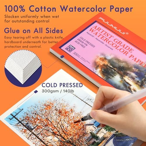Fuumuui 3Pcs Plein Air Elegant Kolinsky Sable Watercolor Brushes with Watercolor Paint Set 72 Bright Colors, 100% Cotton 6" x 8" Cold Pressed Watercolor Paper Watercolor Palette Masking Tapes - Image 7