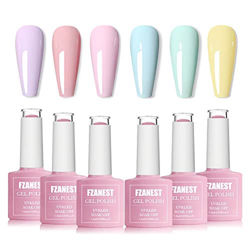 FZANEST 6-Piece Pastel Nude Gel Nail Polish Set - Pink, Purple, Blue, Green, Yellow