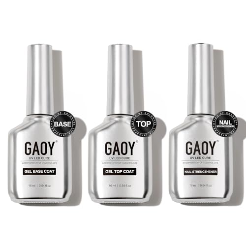 GAOY Gel Top Coat, Nail Strengthener and Base Coat Set, 3 Pcs 16ml Clear Glossy No Wipe Combination for UV Light Cure Gel Nail Polish