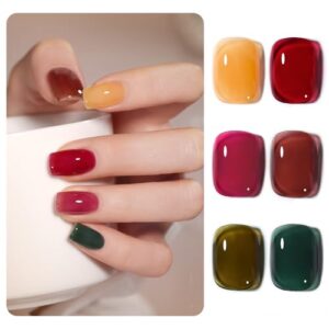 GAOY Wonder Color Jelly Gel Nail Polish of 6 Transparent Black Red Hot Pink Green Brown Colors Sheer Gel Polish Kit for Salon Gel Manicure and Nail Art DIY at Home