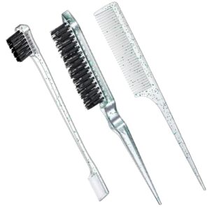 Geiserailie 3 Pcs Slick Back Hair Brush Set Bristle Hair Brush Edge Control Brush Teasing Comb for Women Baby Kids' Black Hair (Clear Green)