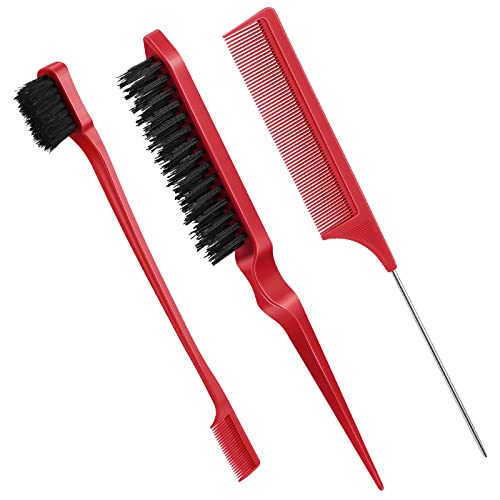 Geiserailie 3 Pcs Slick Back Hair Brush Set Bristle Hair Brush Edge Control Brush Teasing Comb for Women Baby Kids' Black Hair (Red)