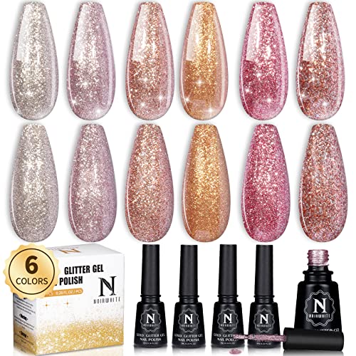 Gel Nail Polish Gold Glitter Gel Nail Polish Set Soak-Off UV LED 6 Colors Sparkly Gold Pink Brown Gel Polish Professional Starter Kit Salon DIY at Home Nail Art Manicure