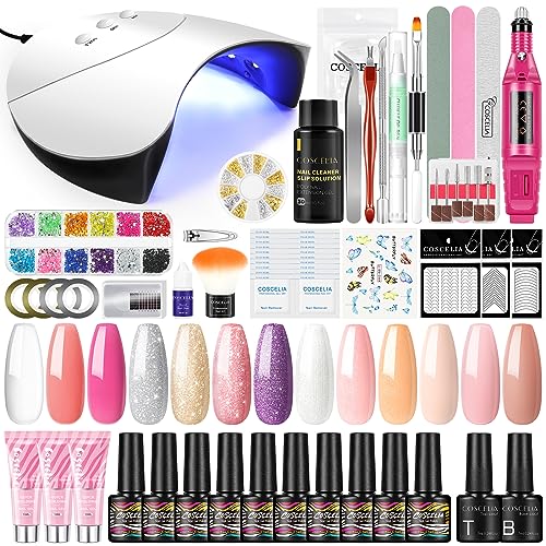 Gel Nail Polish Kit with U V Light and Drill, 10PC Gel Polish 3PC Poly Nail Gel Set with Top Base Coat Nail Rhinestones Clear Nude Glitter Colors Cleanser Plus Nail Art DIY at Home Gifts for Women