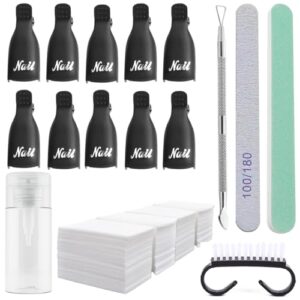 Gel Nail Polish Remover Kit with 10pcs black Nail Polish Remover Clips Cap, Dispenser Bottle,Gel Polish Cuticle Pusher, 400 PCS Cotton Pads, Handle Brushes, Buffer Block, Nail File.