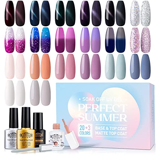 Gel Nail Polish Set - 20 Colors Pink Purple Gel Polish with Cat Eye Gel Nail Polish, Soak Off Glitter White Gel Nail Kit with Base Gel Top Coat DIY Manicure Gifts