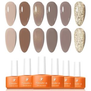 Gel Nail Polish Set 6 Colors Gel Polish Kit, Light Nude Caramel Soft Brown Mauve Taupe Taupe Gray Gold Glitter Nail Art Design Soak Off LED at Manicure DIY Home Salon Gifts for Women Girls