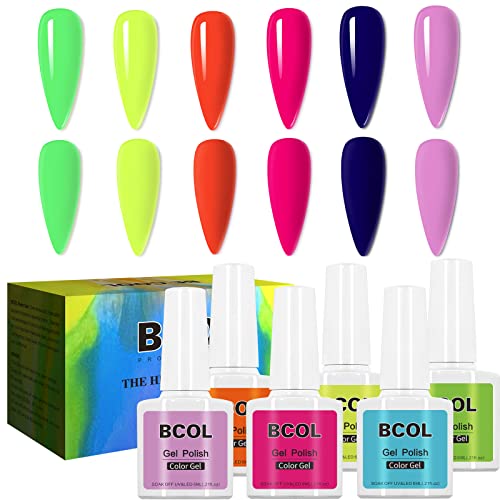 Gel Nail Polish Set - Soak Off Nail Lamp Cured 6 Colors Neon Light Fluorescent Gel Nail Polish Kit. Neon Nail Set Art Design Salon Home Nails Manicure DIY Gift for Women Girls