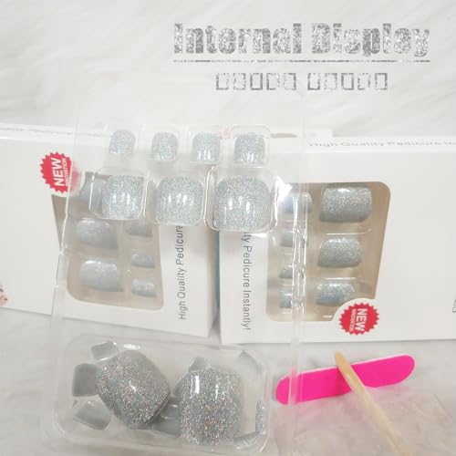 Gel Nail Press on Toe Nails Silver Ash Short Square Fake Toenails Cute Sparkly UV Full Cover Artificial Toenail Glossy Blue Acrylic False Toes Nails Manicure Art Gel Toe Nail for Coquette Women 24Pcs - Image 5