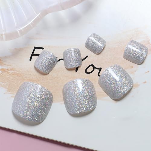 Gel Nail Press on Toe Nails Silver Ash Short Square Fake Toenails Cute Sparkly UV Full Cover Artificial Toenail Glossy Blue Acrylic False Toes Nails Manicure Art Gel Toe Nail for Coquette Women 24Pcs - Image 2