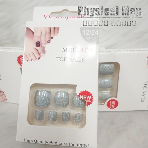 Gel Nail Press on Toe Nails Silver Ash Short Square Fake Toenails Cute Sparkly UV Full Cover Artificial Toenail Glossy Blue Acrylic False Toes Nails Manicure Art Gel Toe Nail for Coquette Women 24Pcs - Image 4