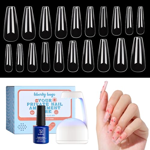 Gel Nail Tips 500Pcs Coffin Long Fake Nails with 7.5ml UV Nail Glue & Smart Gel Nail Lamp – Easy DIY Nail Art, Durable Acrylic Nail Tips, Quick-Dry Soak off Multi-Use Glue for Home Manicure