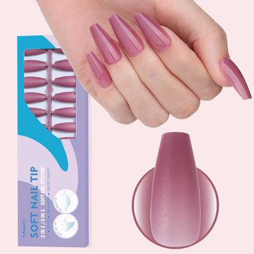 Gel Nail Tips Medium Coffin,MqpQ 15 Size Tips 150pcs Primer Base Coat,Coarser Matte Long Lasting Press On Nails,2 in 1 Coat Colored Purple Tips for Nail Extension