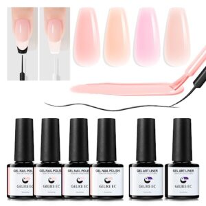 gelike ec Sheer Nude Gel Polish Set- Jelly Nail Polish Light Pink Gel with Liner, Neutral Color Jelly Soak Off UV Gel Nails for Nail Art French Manicure at Home 7ML 6PCS