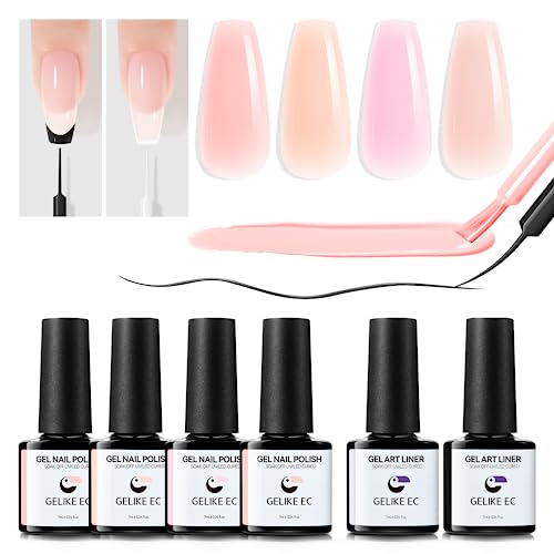gelike ec Sheer Nude Gel Polish Set- Jelly Nail Polish Light Pink Gel with Liner, Neutral Color Jelly Soak Off UV Gel Nails for Nail Art French Manicure at Home 7ML 6PCS