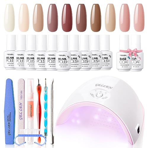 Gellen 10 Colors Gel Nail Polish Kit With UV Light Starter Kit, 36W Nail Dryer&Base Top Coat, All-In-One Manicure Gift Set, Salon/Home DIY Nail Art Tools, Fall Winter Gentle Nude Nail Polish Series