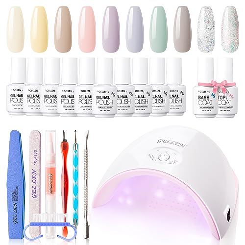 Gellen Gel Nail Polish Kit with UV Light Starter Kit Professional, 10 Colors Milky White Pink Yellow Glitter Gel Polish Kit, All-In-One Manicure Gift Set, Salon/Home DIY Nail Art Tools