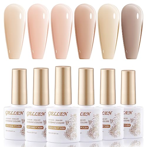 Gellen Jelly Gel Polish Kit, 6 Colors Nude Pink Orange Sheer Gel Nail Polish Set, Transparent Jelly Nail Gel Kit LED Dryer Cured, Trendy Home Salon DIY Nail Art Gel Nail Kit Halloween Gifts for Women